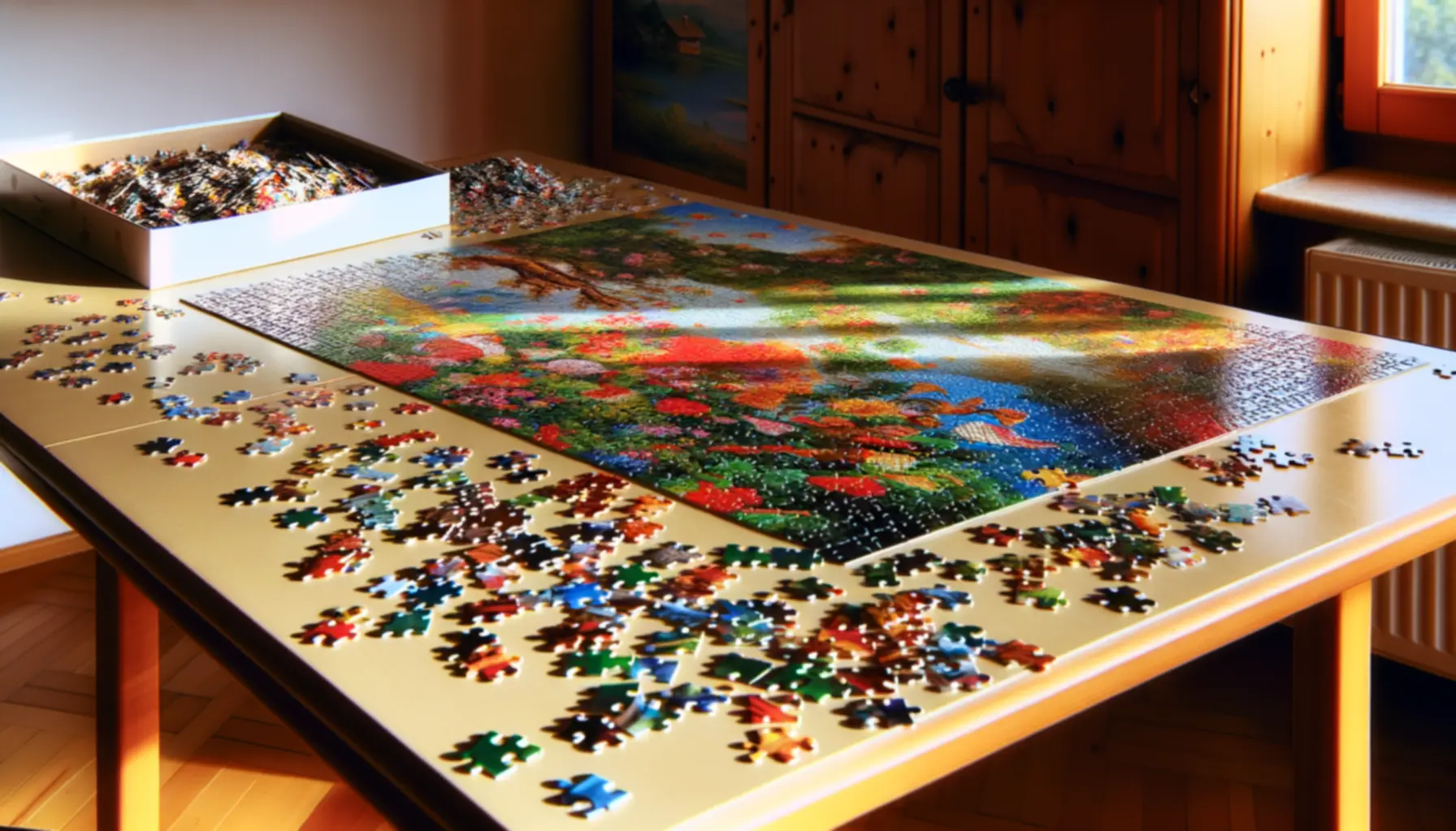 Kwiatowy motyw puzzli na stole