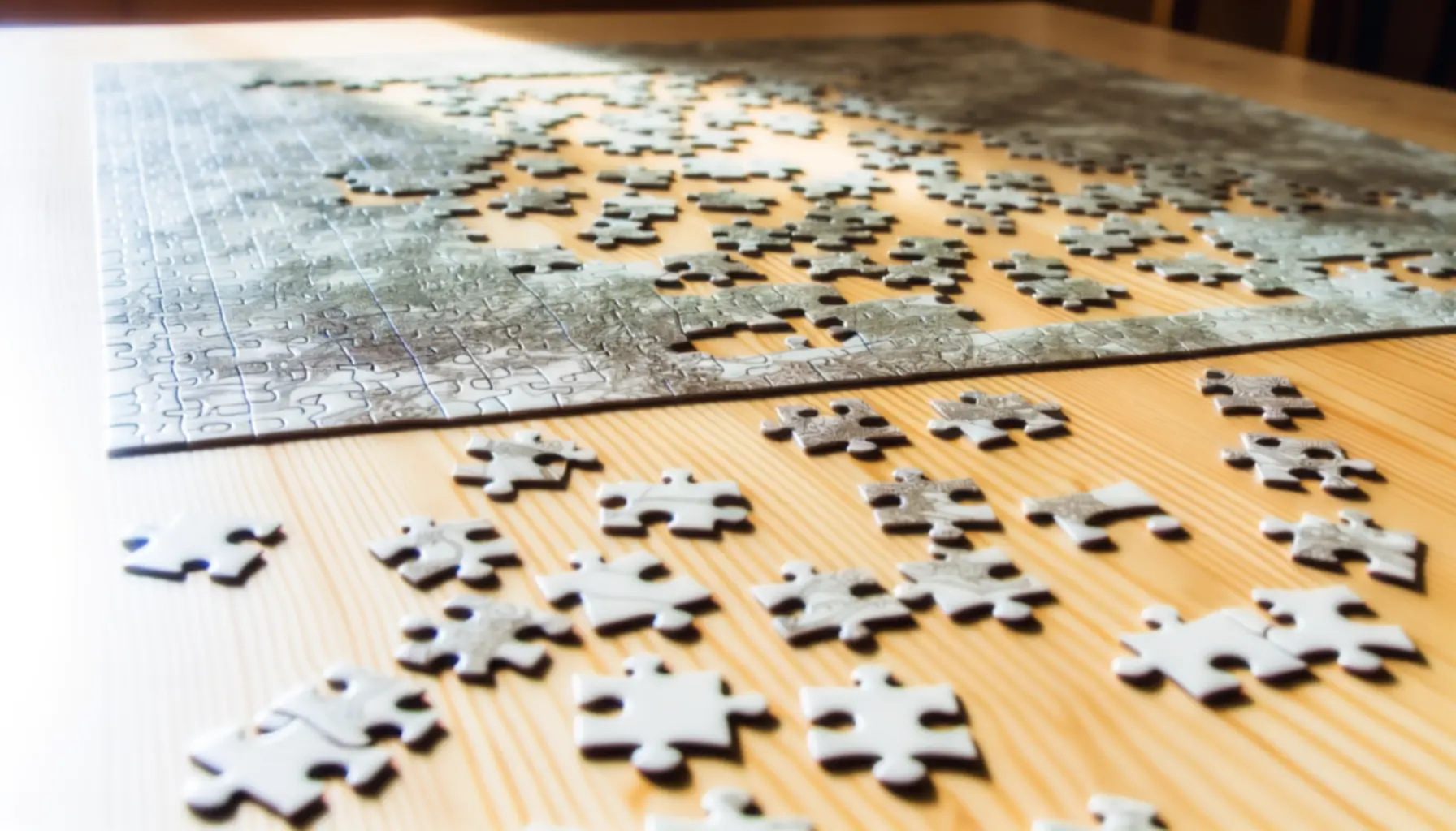 Układanie puzzli na drewnianym stole