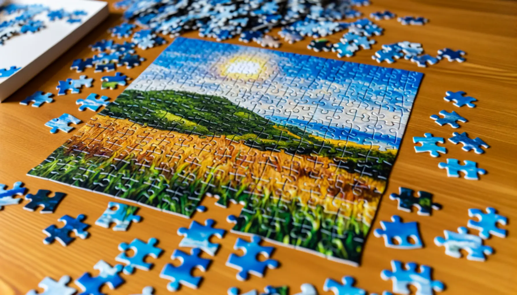 Różne motywy puzzli ułożone na stole